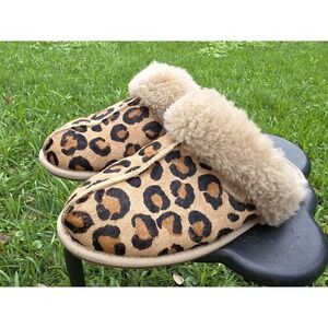 UGG Scuffette Genuine Calf Hair Leopard Print Slippers Shoes US 10